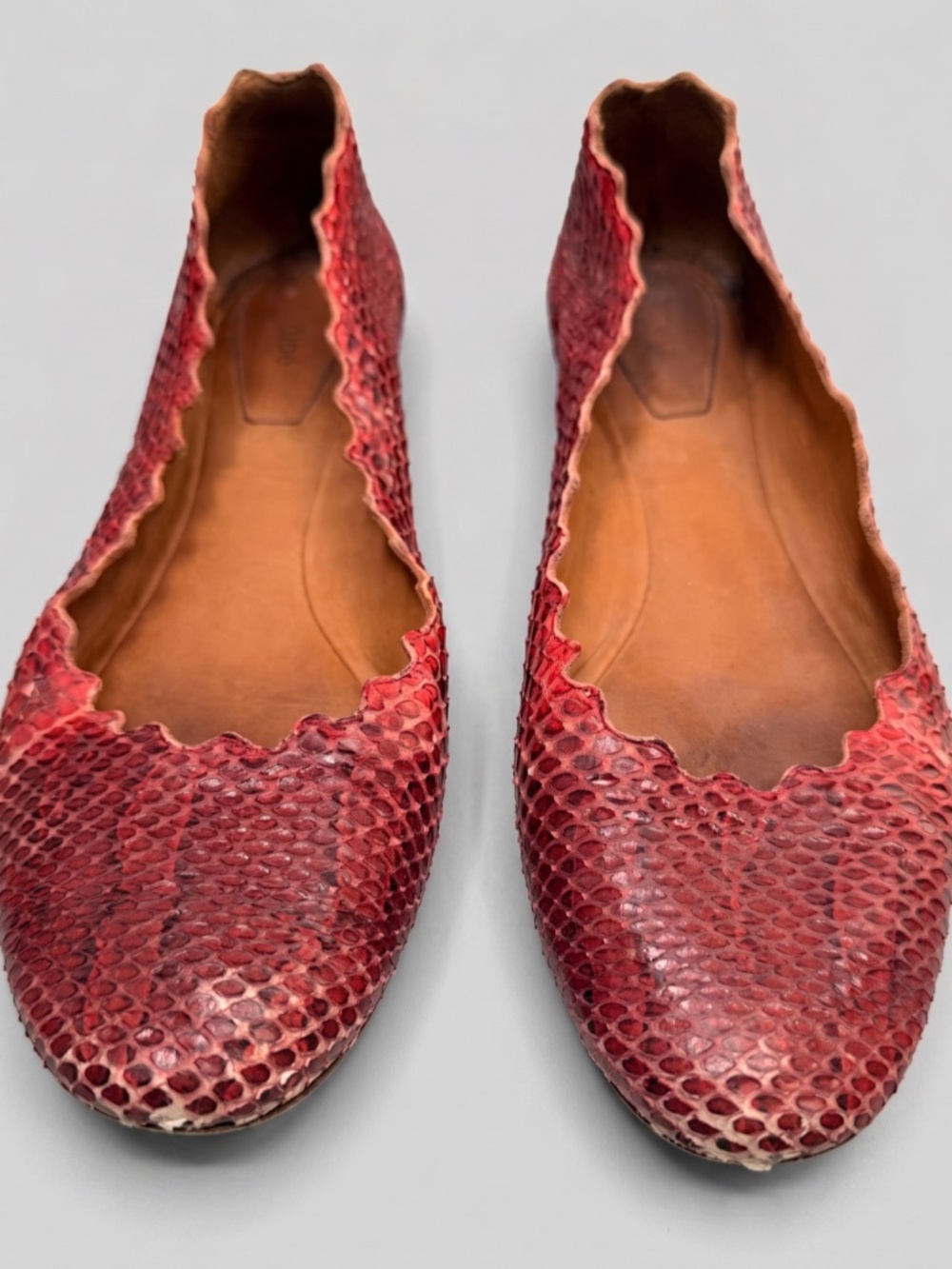 Chloe Lauren Python Ballet Flats Red Snakeskin Scalloped Exotic Leather Shoes 38